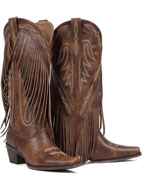 Women's Brown Fringe Knee High Cowgirl Western Boots with Classic Embroidery
